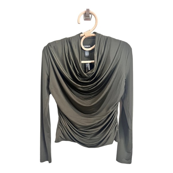 EXPRESS Olive Green Satin Cowl Neck Ruched Side Long Sleeve Blouse - Picture 1 of 13